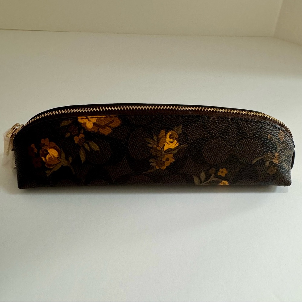 Coach CCI83 Signature Canvas Floral Print Pencil Case Walnut Yellow NWT - Picture 10 of 15